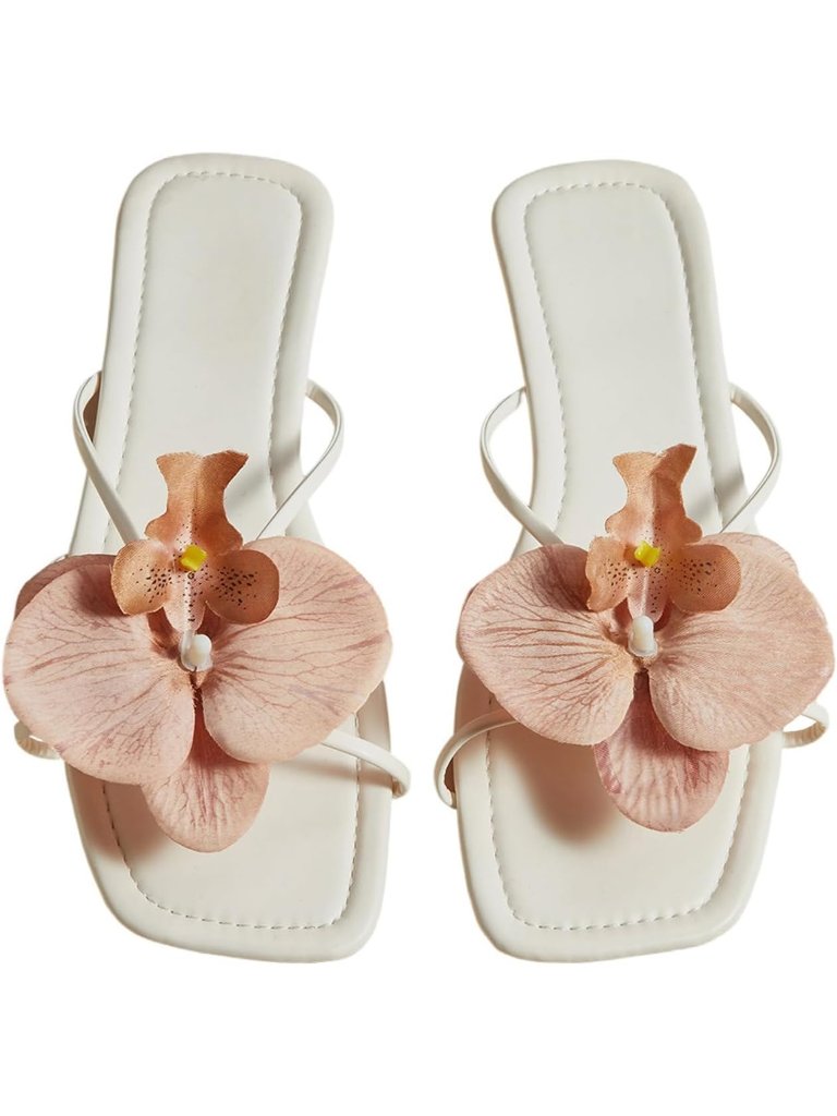 Women's Brown Flower Flat Sandal Cute Beach Square Toe Summer Floral Shoes